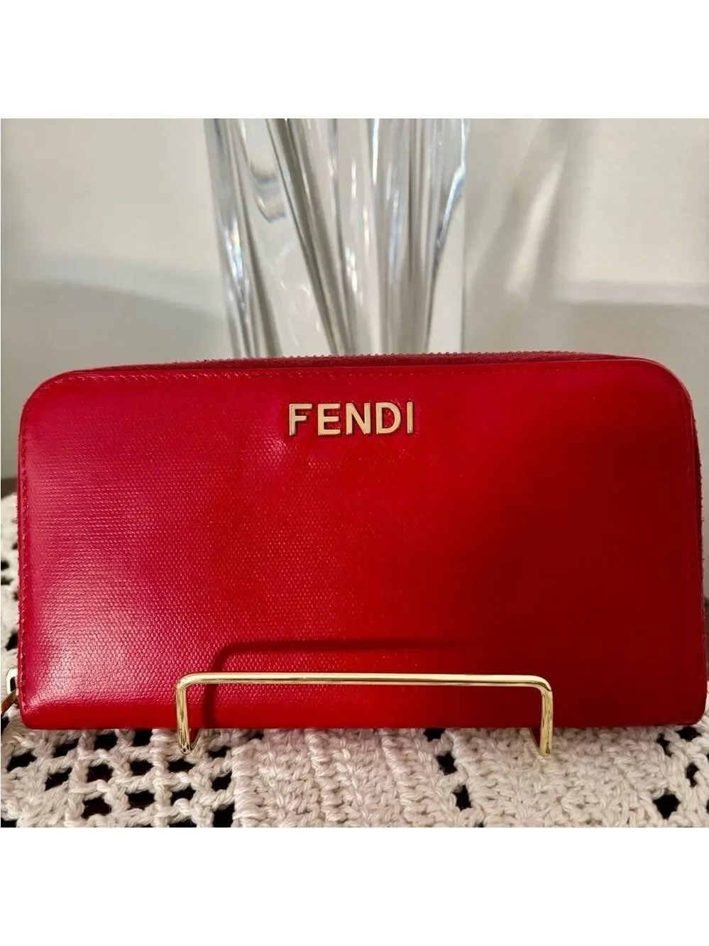 Fendi Red Leather Zip Wallet w/FF Logo & Gold Hardware